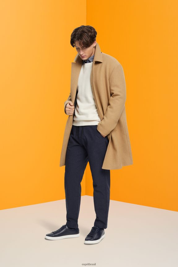 calça risca de giz com cordão na cintura homens Esprit azul escuro calças 82P6TP816