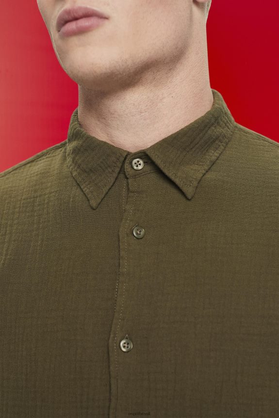 camisa de musselina de algodão sustentável homens Esprit verde cáqui camisas 82P6TP756