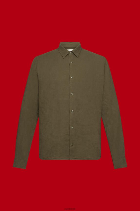 camisa de musselina de algodão sustentável homens Esprit verde cáqui camisas 82P6TP756