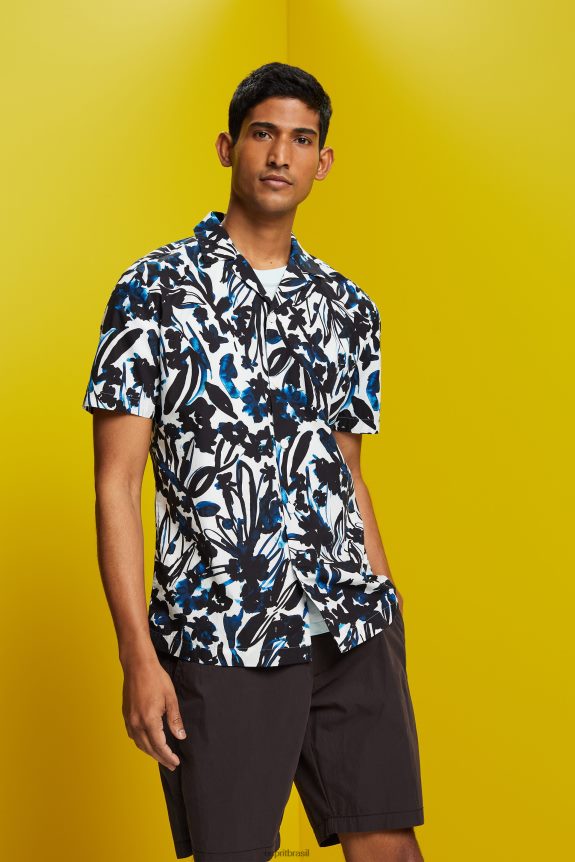 camisa estampada manga curta, 100% algodão homens Esprit marinha camisas 82P6TP613