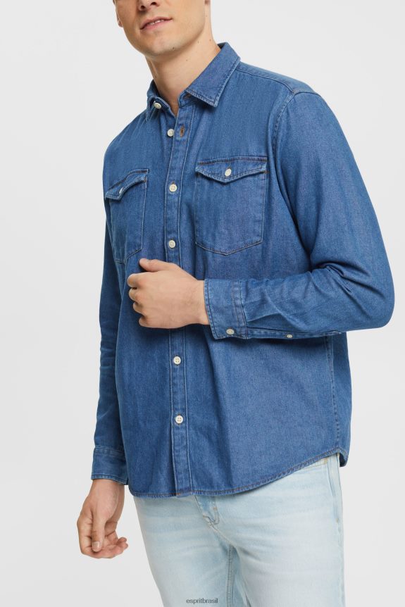 camisa jeans homens Esprit lavagem média azul camisas 82P6TP833