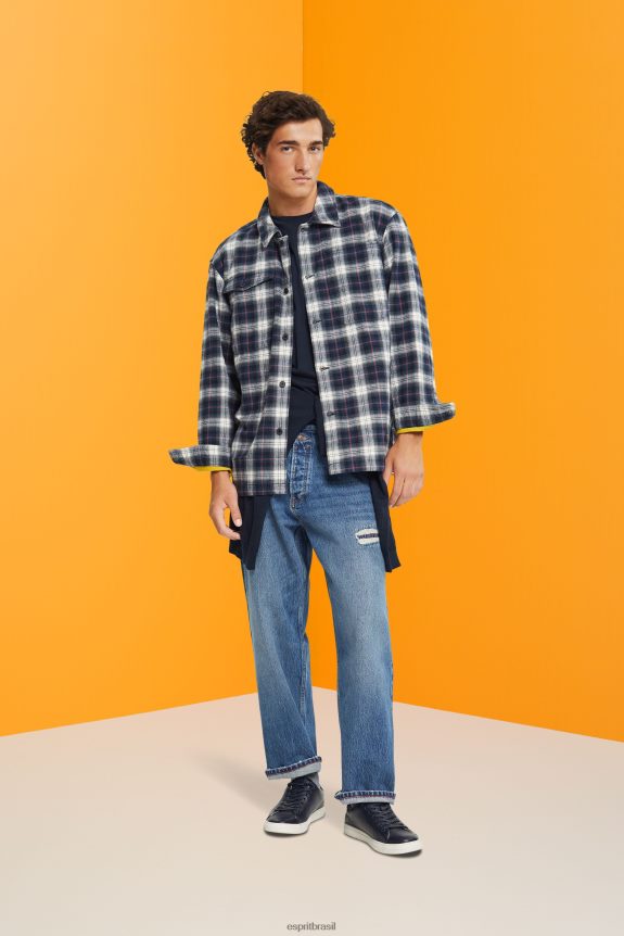 camisa oversized de algodão puro com padrão xadrez homens Esprit azul gasolina camisas 82P6TP838