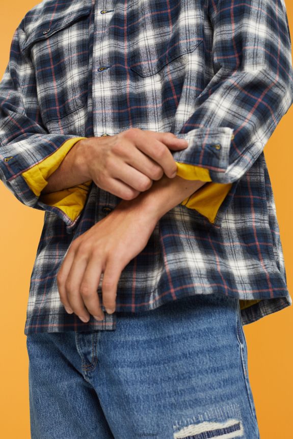 camisa oversized de algodão puro com padrão xadrez homens Esprit azul gasolina camisas 82P6TP838