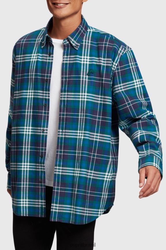 camisa xadrez de flanela homens Esprit verde-azulado camisas 82P6TP794