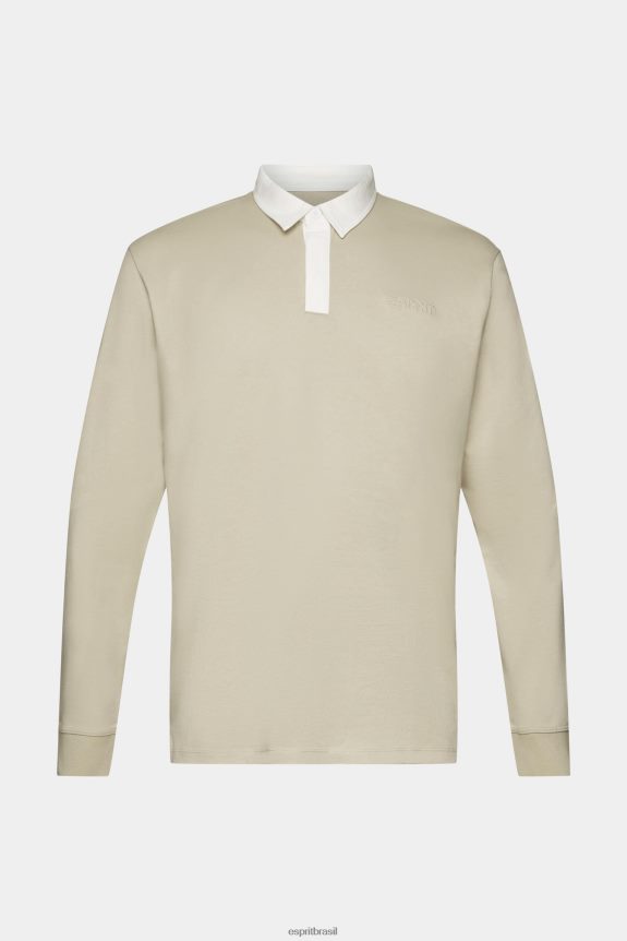 camisa de rugby com logotipo bordado homens Esprit verde empoeirado manga comprida 82P6TP720