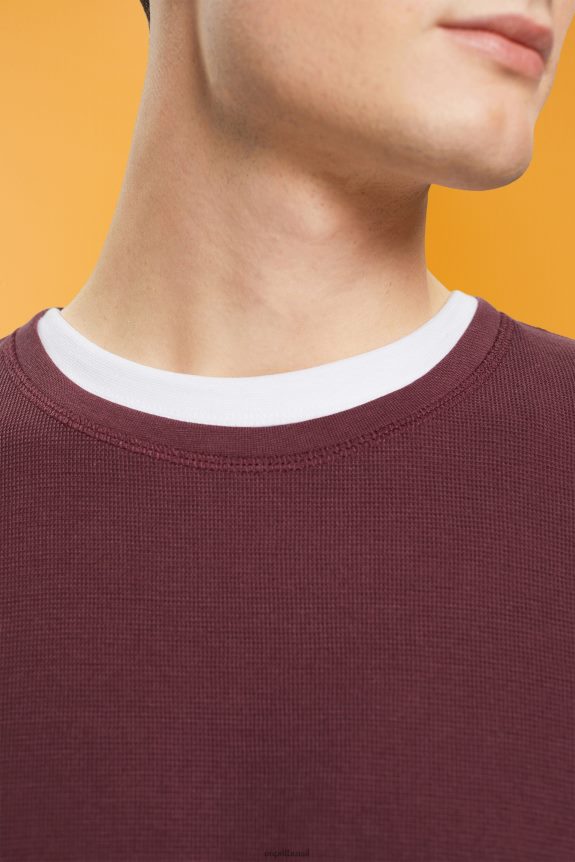 top manga longa waffle piquê homens Esprit vermelho bordeaux manga comprida 82P6TP825