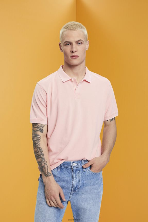 camisa polo em piquê de algodão lavado com pedras homens Esprit rosa pólos 82P6TP710
