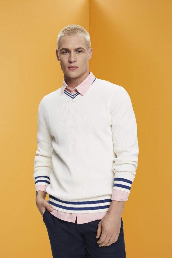 suéter de algodão sustentável com decote em V homens Esprit off white suéteres 82P6TP725