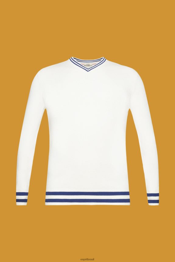 suéter de algodão sustentável com decote em V homens Esprit off white suéteres 82P6TP725