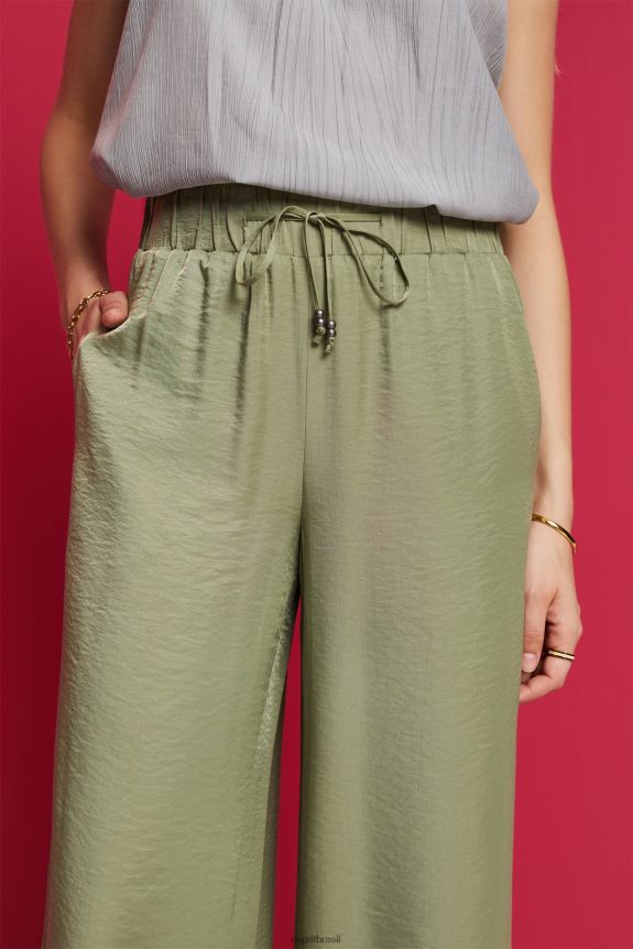 calças largas de cetim mulheres Esprit cáqui claro calças 82P6TP91