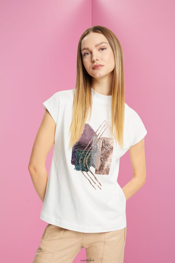 camiseta com apliques de lantejoulas, tencel mulheres Esprit off white Camisetas 82P6TP399