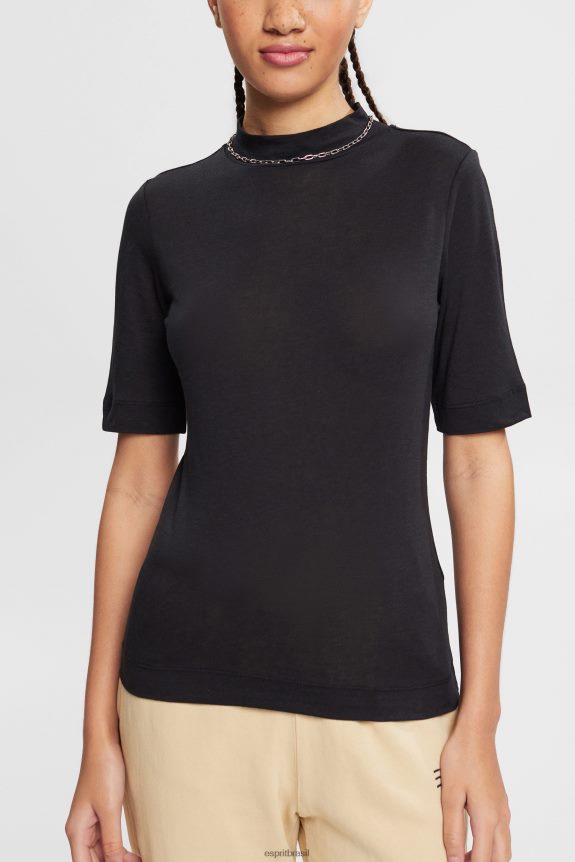 camiseta com gola banda, tencel mulheres Esprit preto Camisetas 82P6TP374
