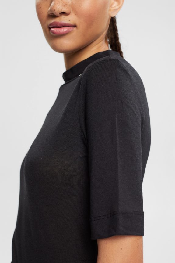 camiseta com gola banda, tencel mulheres Esprit preto Camisetas 82P6TP374