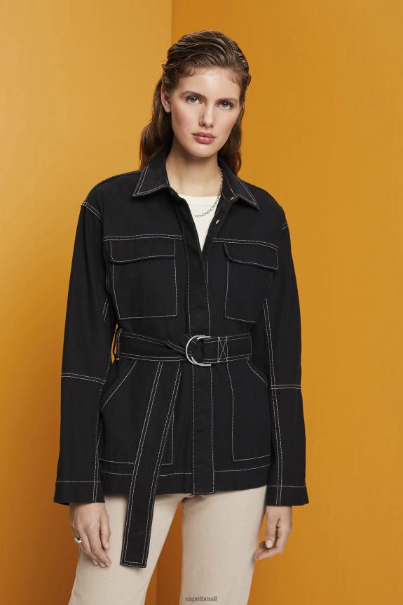 jaqueta de sarja com cinto mulheres Esprit preto jaquetas 82P6TP291