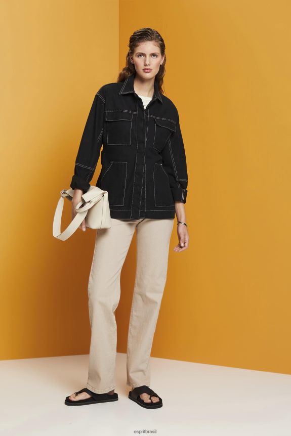 jaqueta de sarja com cinto mulheres Esprit preto jaquetas 82P6TP291