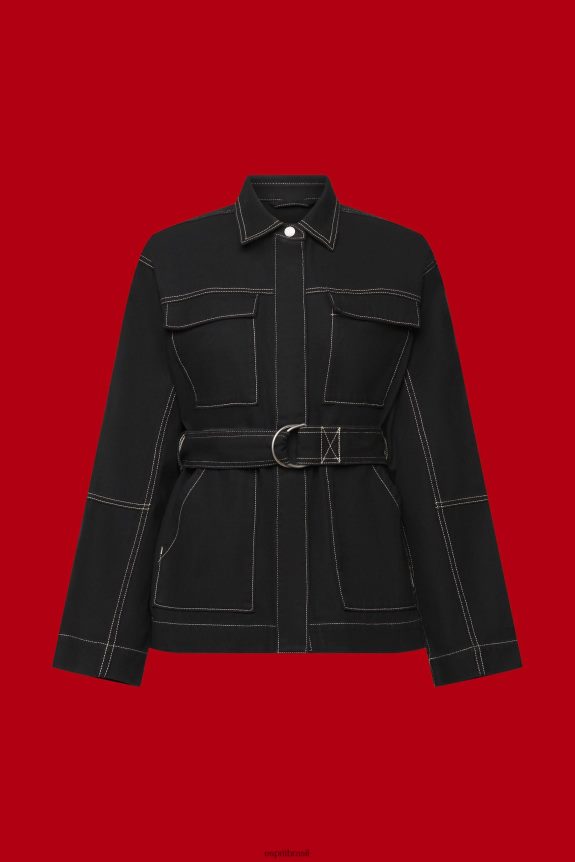 jaqueta de sarja com cinto mulheres Esprit preto jaquetas 82P6TP291