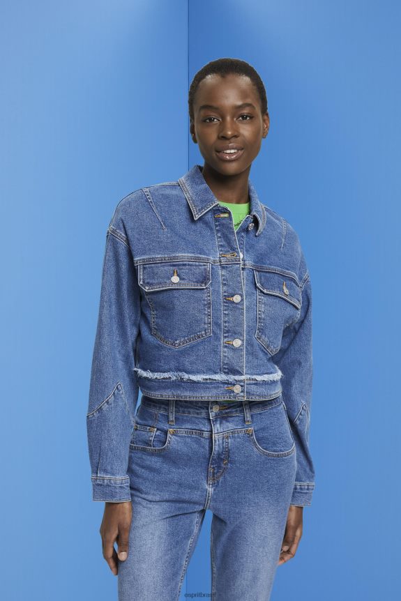 jaqueta jeans cropped com acabamento desfiado mulheres Esprit lavagem azul escuro jaquetas 82P6TP311