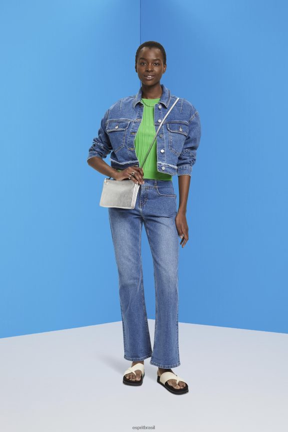 jaqueta jeans cropped com acabamento desfiado mulheres Esprit lavagem azul escuro jaquetas 82P6TP311