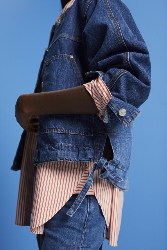 jaqueta jeans sem gola com cordão mulheres Esprit lavagem azul escuro jaquetas 82P6TP298