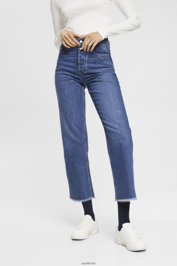 calça jeans dad fit cintura alta mulheres Esprit lavagem média azul jeans 82P6TP254