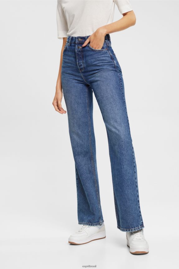 calça jeans flare retrô cintura alta mulheres Esprit lavagem média azul jeans 82P6TP327