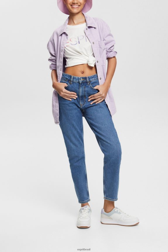 calça jeans mom cintura alta mulheres Esprit lavagem média azul jeans 82P6TP526