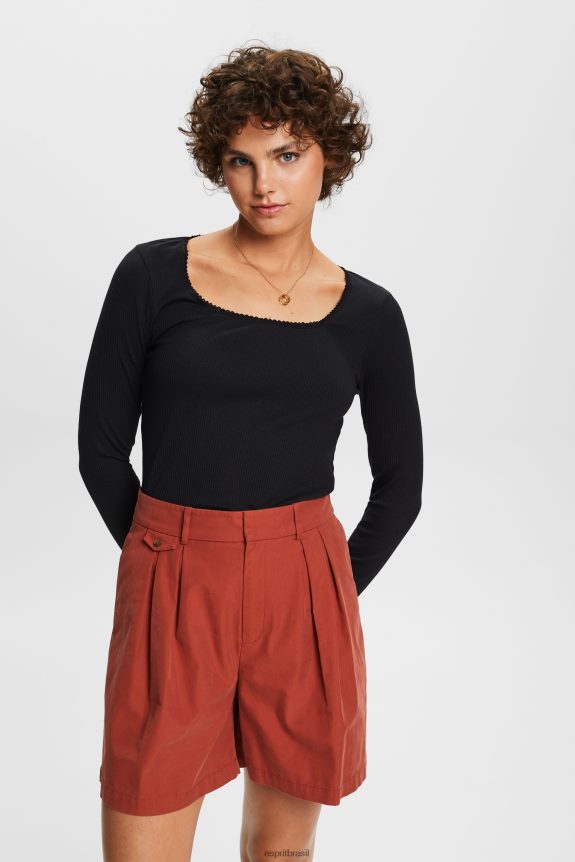 top manga longa canelado mulheres Esprit preto manga comprida 82P6TP88