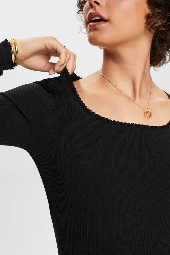 top manga longa canelado mulheres Esprit preto manga comprida 82P6TP88