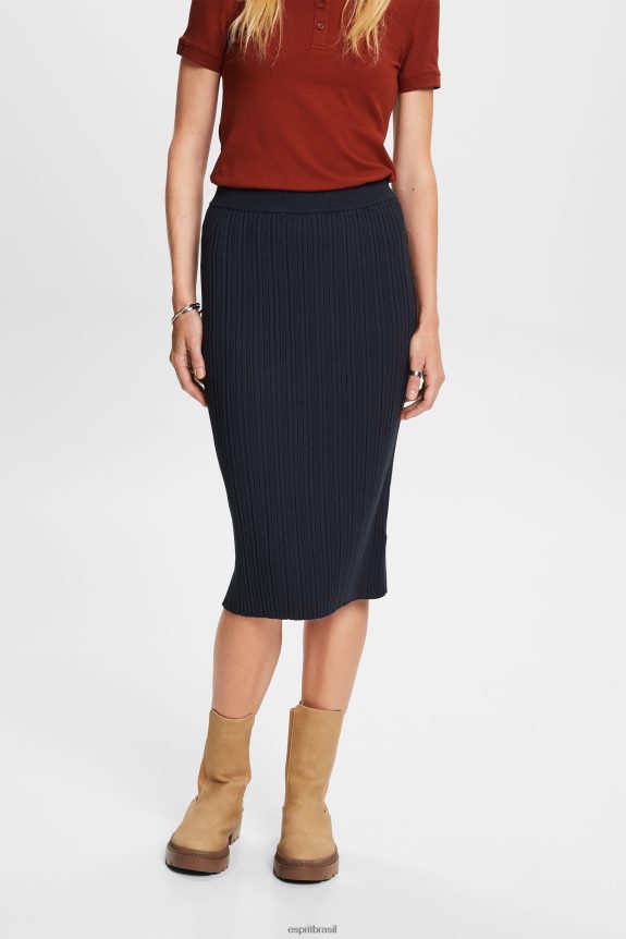 saia midi em malha canelada mulheres Esprit azul gasolina saias 82P6TP21