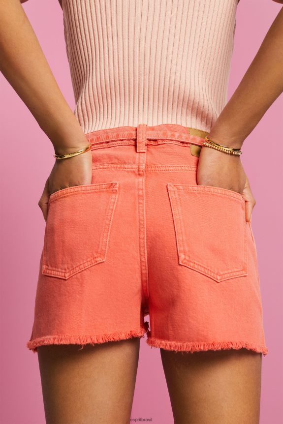 shorts jeans cintura alta com amarração mulheres Esprit laranja coral shorts 82P6TP58