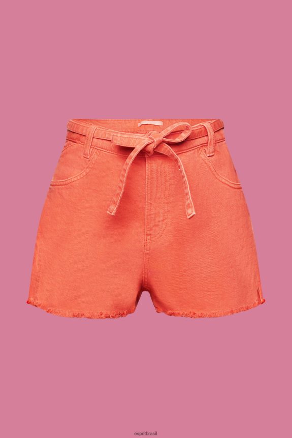 shorts jeans cintura alta com amarração mulheres Esprit laranja coral shorts 82P6TP58