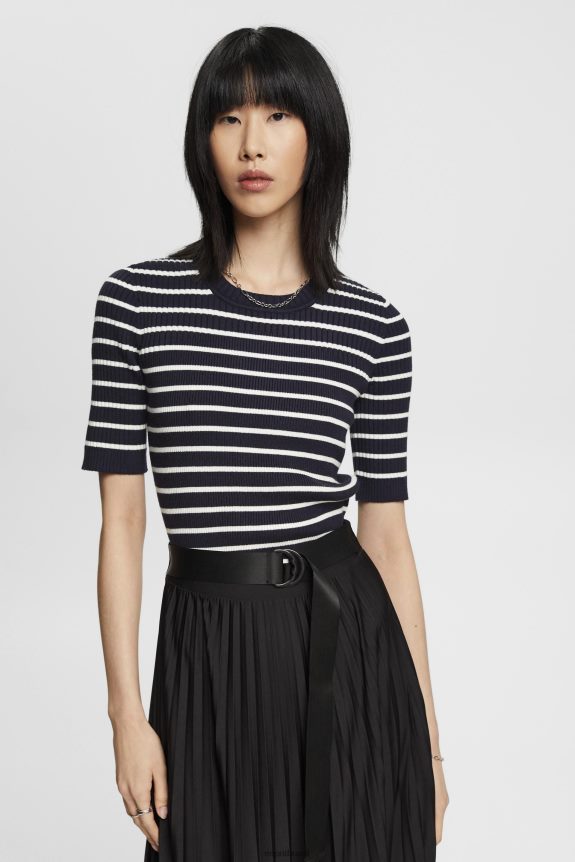 suéter canelado de manga curta mulheres Esprit marinha suéteres 82P6TP319