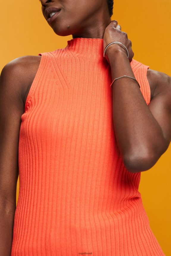 suéter canelado, sem mangas, mistura de linho mulheres Esprit laranja coral suéteres 82P6TP110