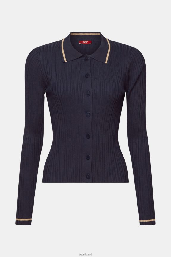 top polo tricotado com botões na frente mulheres Esprit azul gasolina suéteres 82P6TP22