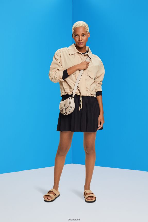 minivestido plissado com mangas compridas e gola redonda mulheres Esprit preto vestidos 82P6TP127