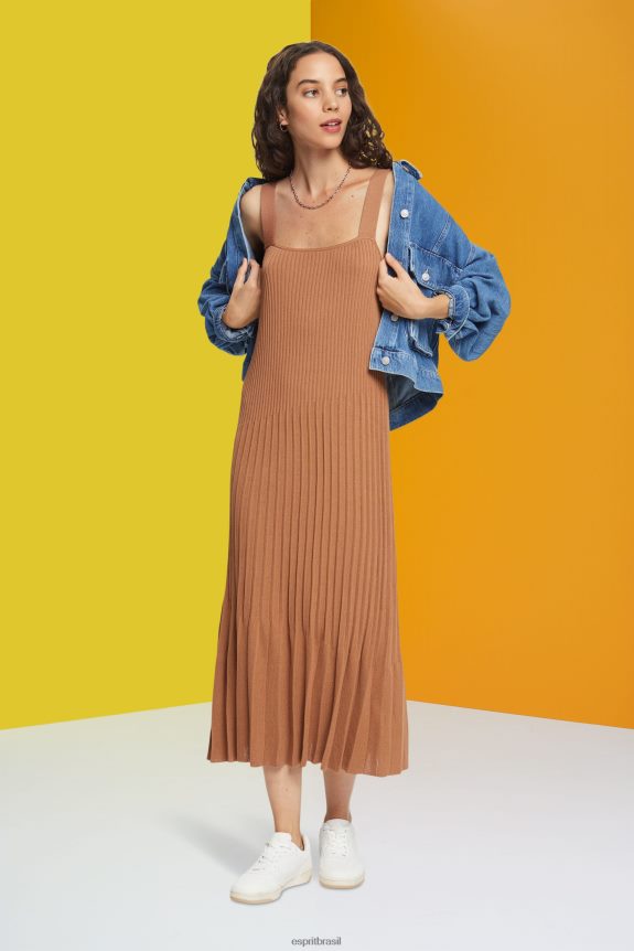vestido de alça plissado mulheres Esprit marrom vestidos 82P6TP491