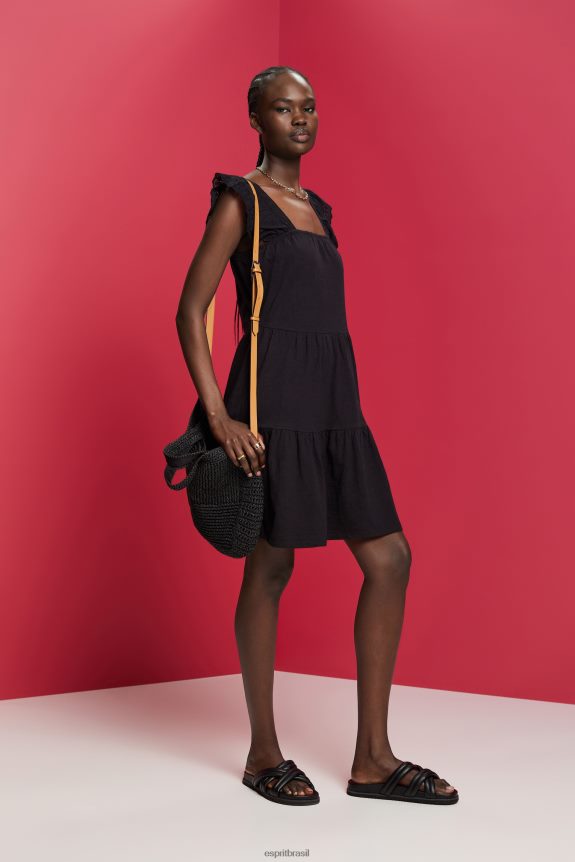 vestido jersey com mangas bordadas em renda mulheres Esprit preto vestidos 82P6TP59