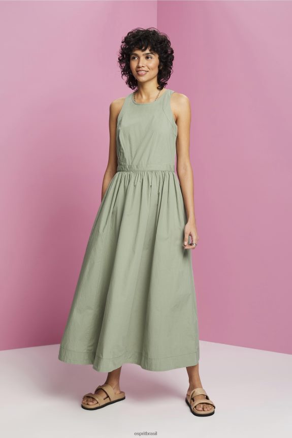 vestido midi de algodão mulheres Esprit cáqui claro vestidos 82P6TP184