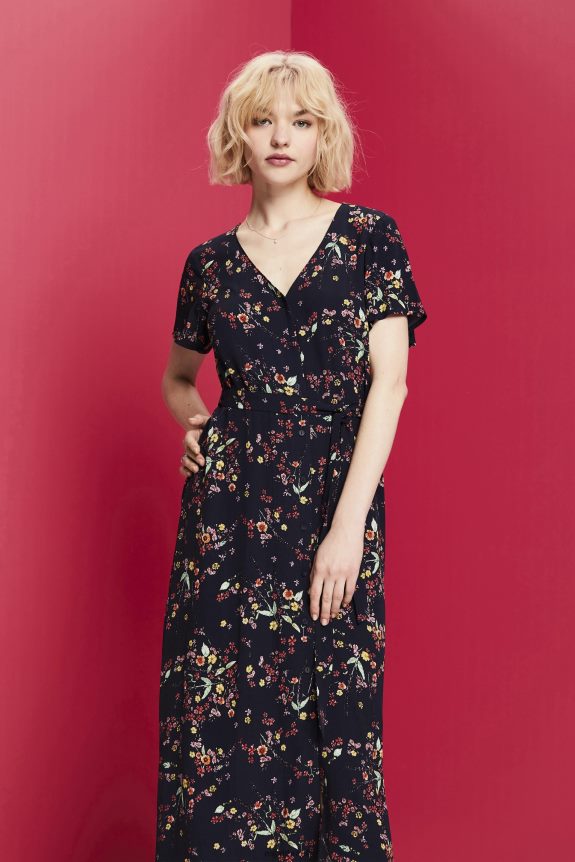 vestido midi estampado com cinto mulheres Esprit azul escuro vestidos 82P6TP189